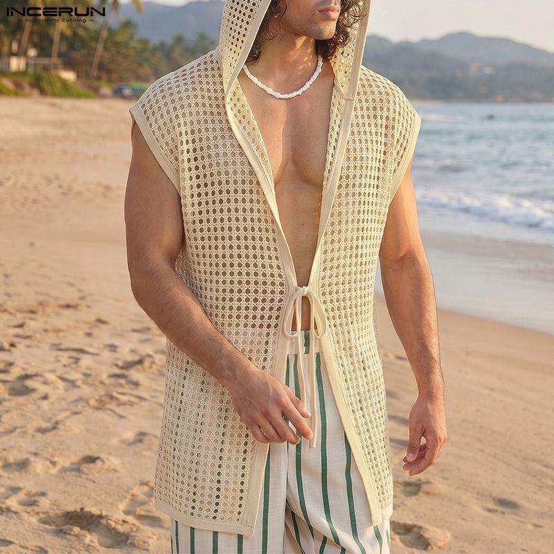 INCERUN Herren Mesh Durchsichtig Kapuzenweste Ärmellos Durchsichtig Strandurlaub Cardigan Tanktops