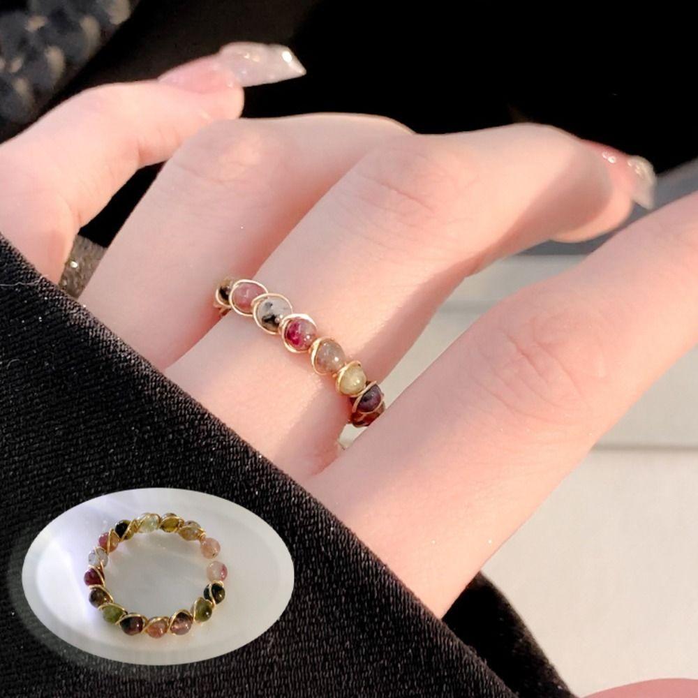 3PCS Light Luxury Round Bead Ring Finger Jewelry Opening Ring Trendy Colorful Beads Ring Women