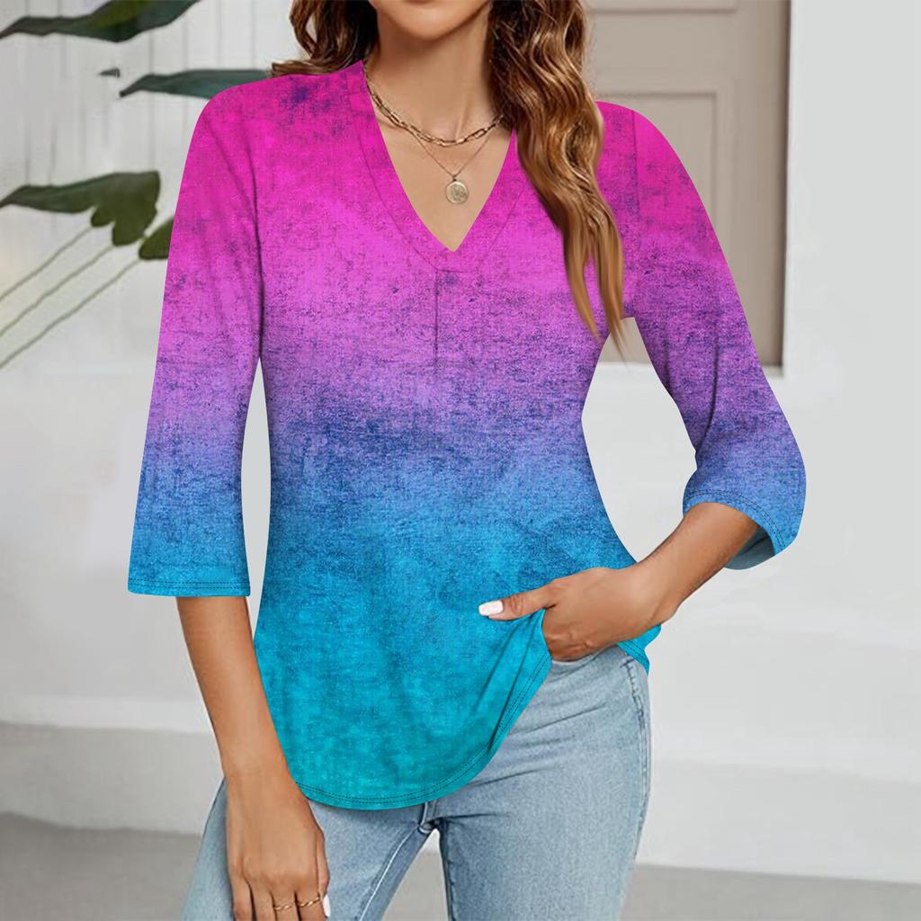 Women's Casual V-neck Gradient Print Three-quarter Sleeve Fashion Top