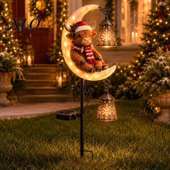 Waterproof Solar Powered Path Lights Highland Cow Moon Garden Light, Christmas Metal Decorative Exterior Figurines Stake Outdoor Yard Lawn Decoration