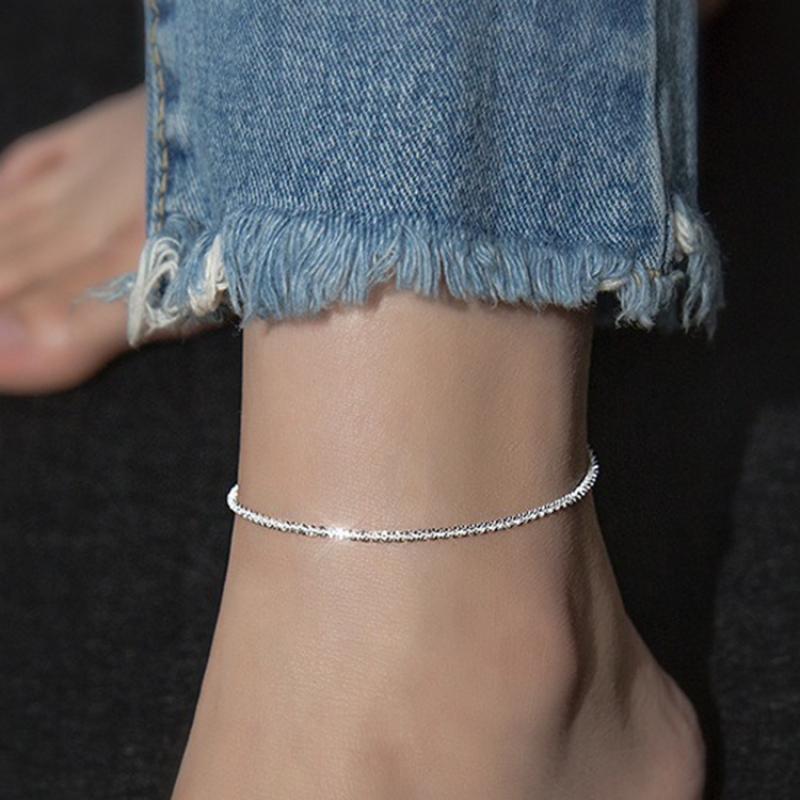 1PCS Shiny Sparkling Simple Silver Color Anklet for Women Simple Elegant Copper Jewelry Female Beach Ankle Bracelet on Foot