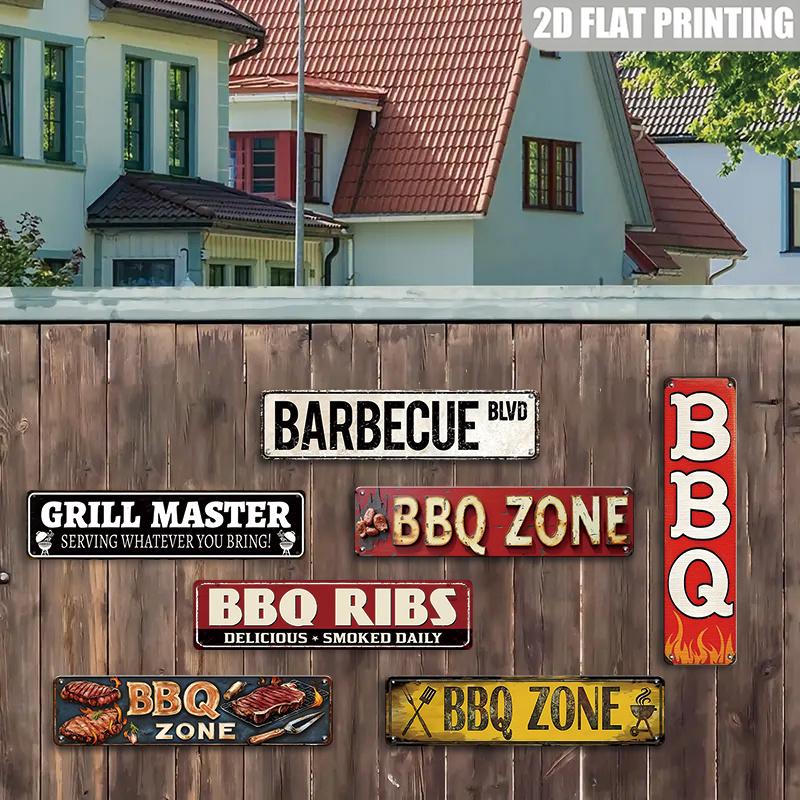 BBQ Zone Long Metal Sign, Retro Barbecue Wall Decor, Grill Master Tin Plaque for Backyard Patio, Kitchen