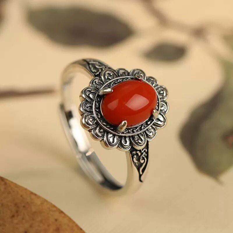 Adjustable Open Ring Women Men Copper Floral Daisy Design Natural Red Agate Boho Vintage Style Jewelry