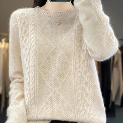 Women's Autumn/Winter Round Neck Twisted Pattern Wool Sweater - Solid Color Knitted Base Layer, Loose Fit