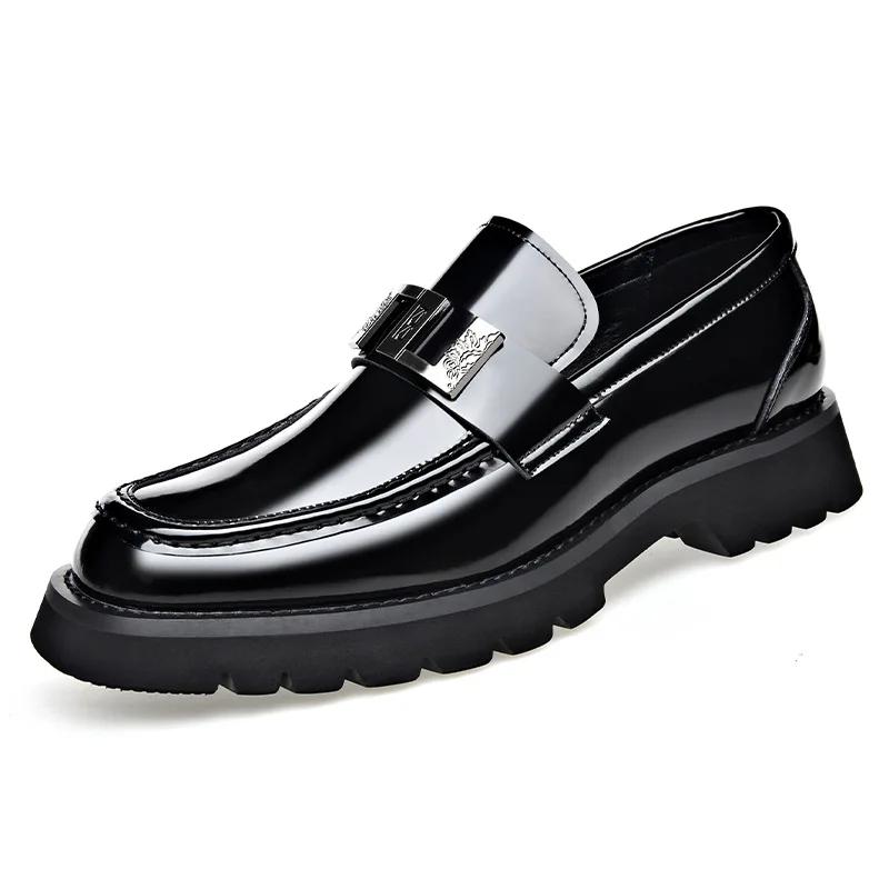 FashionDesigner New Thick Soled Bright Metal Men's Loafers Fashion Square Head Leather Lightweight Slip-on Retro Plus-size Man Shoes