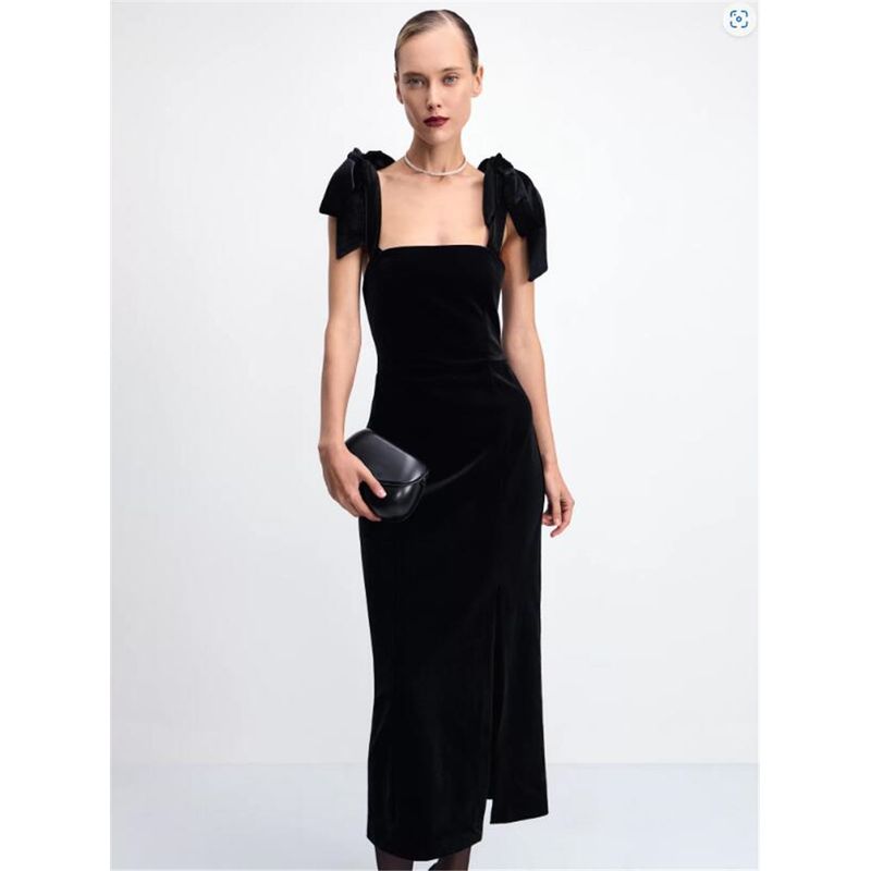 

Foreign Trade Pure Yuan Single Russian Velvet Bow Shoulder Strap Elegant Temperament Women Mid-Length Dress Formal Dress Black 48