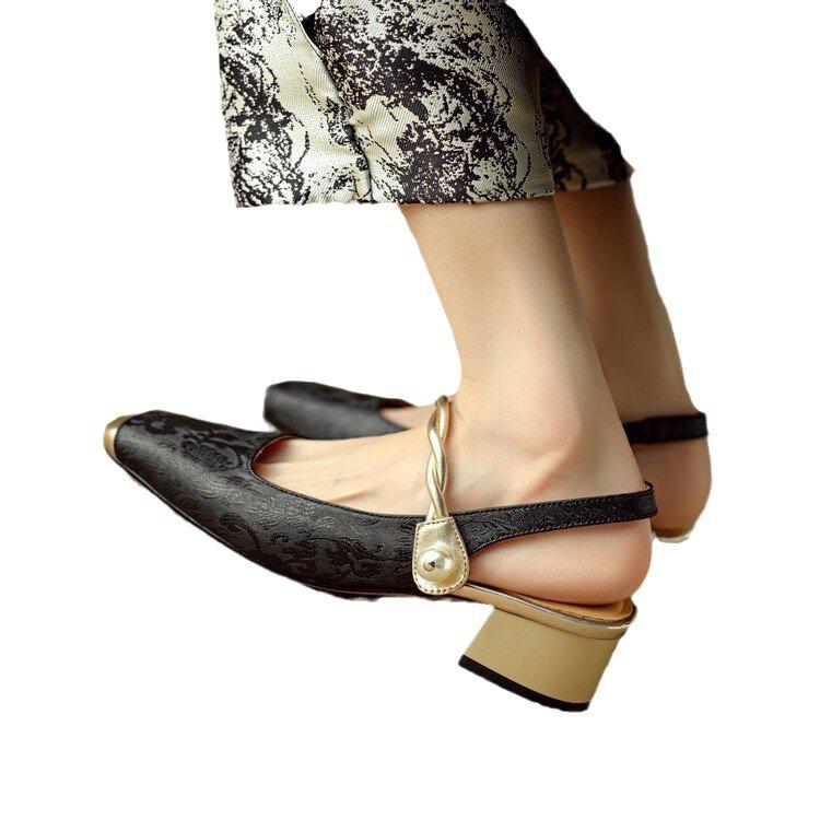 High-end embroidery pattern bag head rear empty sandals spring light luxury thick heel women's shoes