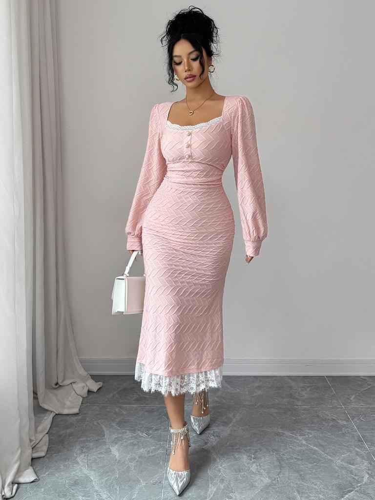 Elegantes Windknopf Langarm Bodycon Maxi Kleid für Damen Herbst/Winter