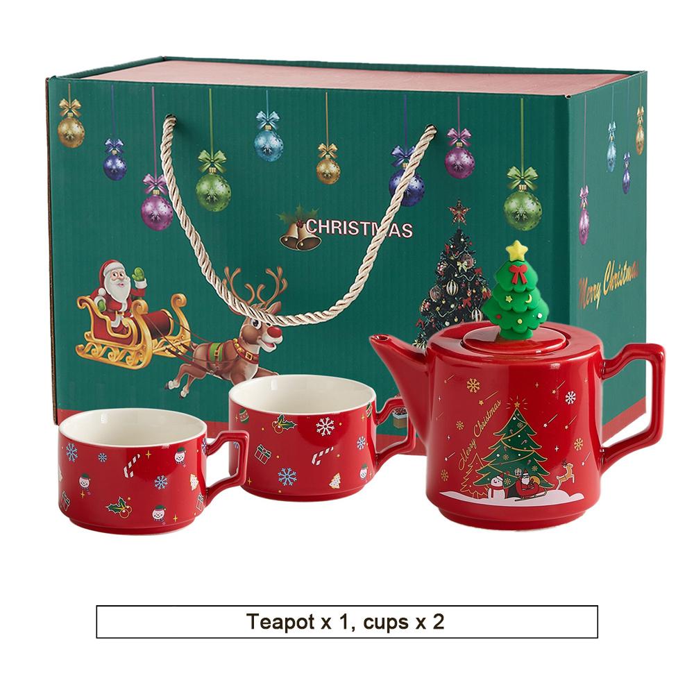 Red Ceramics Teaware Sets Santa Claus Snowman Elk Teapot Teacup Christmas Coffee Cup Saucers Stackable Xmas New Year Gifts