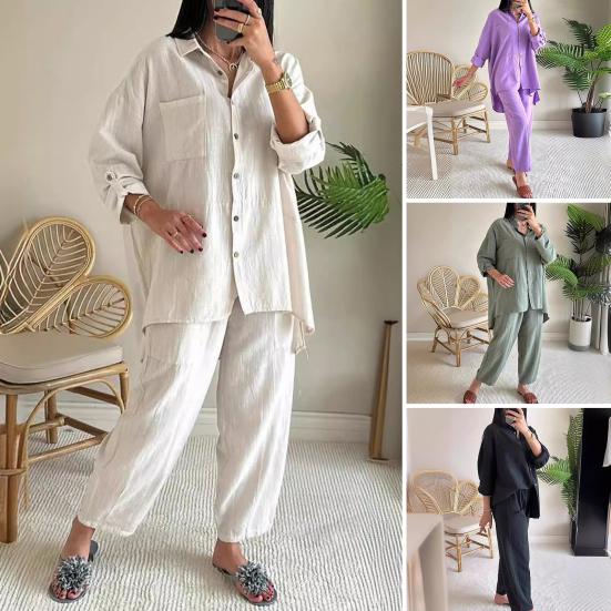 

2 шт./компл. осень-весна женская рубашка и брюки комплект блузка на пуговицах с длинными рукавами и лацканами с нагрудным карманом M белый