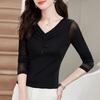 Mesh Long-sleeved T-shirt for Women Spring and Summer New V-neck Tassel Beaded Slim Dance Wear Top
