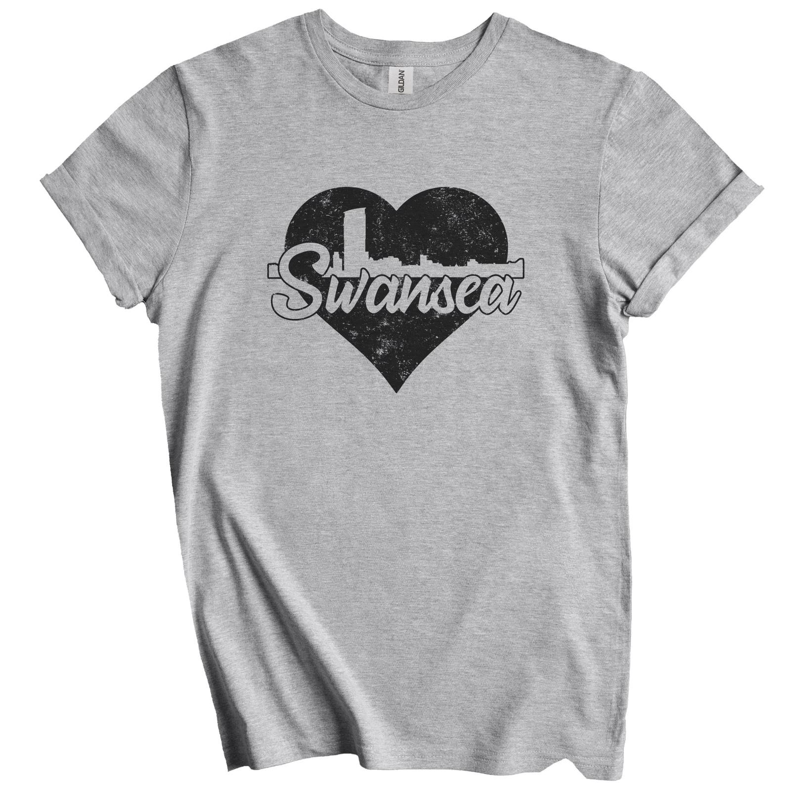 Retro Swansea Wales Skyline Heart Distressed T-Shirt S