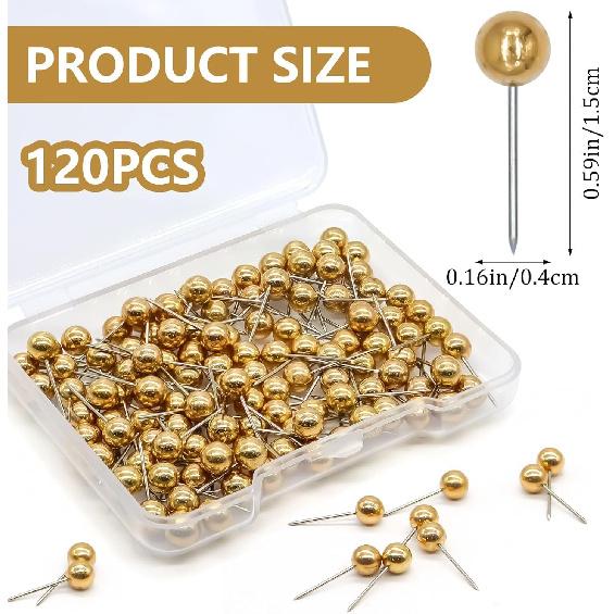 120 Pcs Map Push P,Small Gold Push P for Travel Map Cork Board Bulletin Board Round Head Mini Gold Thumb Tacks for Wall Picture Photo Hanging Home