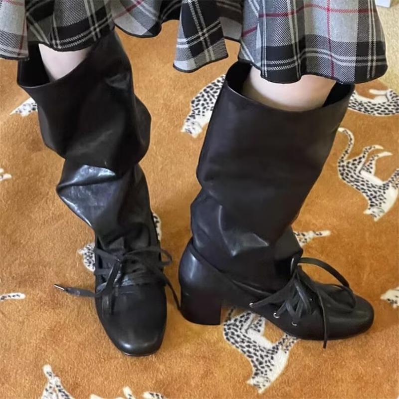 New Women's Chunky Leather Flats & Knee Boots - Square Toe Loose Fit Spring-Autumn Casual Shoes with Pleated Pants Zapatos Mujer