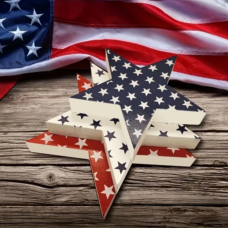 3Pcs/set Patriotic Wooden Star Decor Home Decor Tabletop Ornament Party Table Decor American Flag Design Laser Cut Decorations
