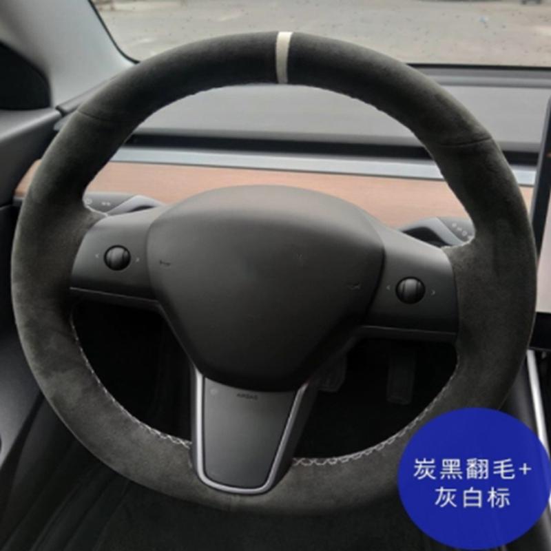 Hand-stitched Anti-Slip Carbon Fiber Suede Braid Car Steering Wheel Cover For Tesla Model S Y Model X Model 3 Car Accessories