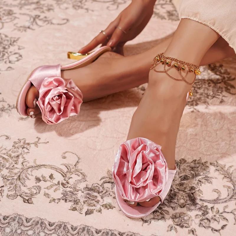 Women's Shoes 2025 Fashion Thin Heels Women's Slippers Summer Sweet High Heels Sandals Ladies Fashion Flower Shoes Zapatos Mujer