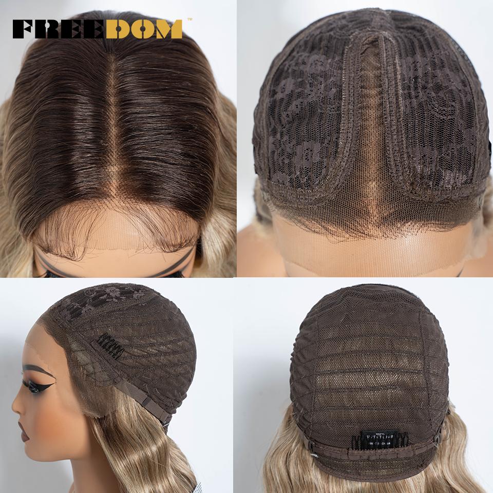FREEDOM Synthetic Lace Front Wigs For Women 28 Inch Big Deep Wavy Wig Ombre Brown Blonde Highlight Wig Deep Cosplay Lace Wigs
