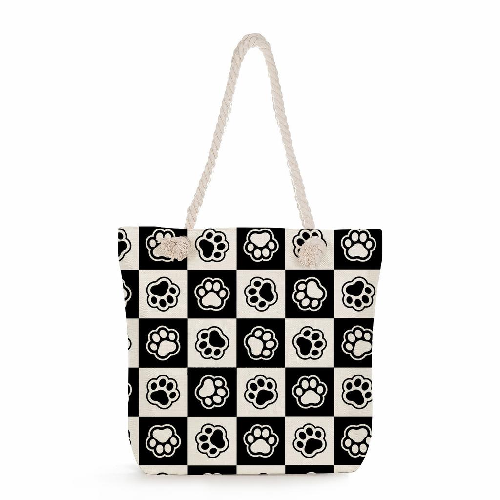 Multifunctional Dog Paws Printed Thick Rope Shoulder Beach Bag Casual Large Capacity Handbag 7601
