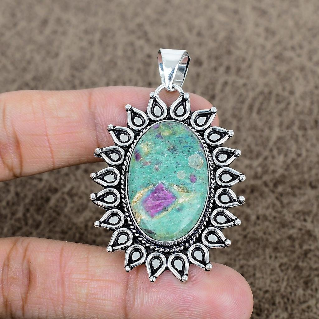 Ruby Fuchsite Gemstone Handmade 925 Sterling Silver Jewelry Pendant 2.29" KKG-716