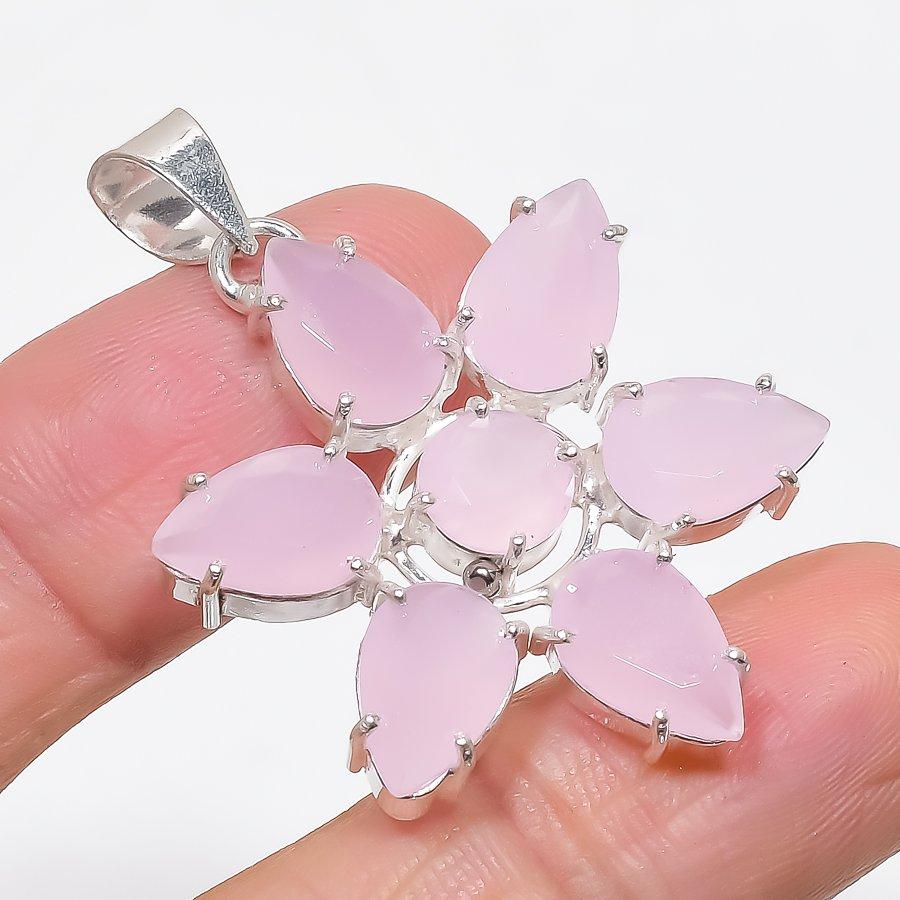 Pink Chalcedony Gemstone Handmade 925 Sterling Silver Jewelry Pendant 1.81" KJ-88
