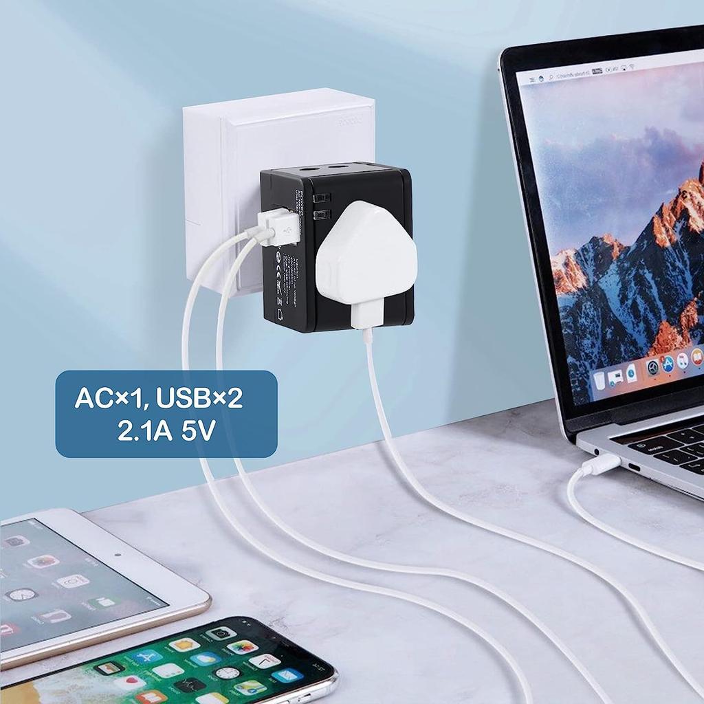 Adaptador de Viagem Universal com 2 Portas USB, Extensão de Energia Tudo-em-Um Mundial para + de 150 Países