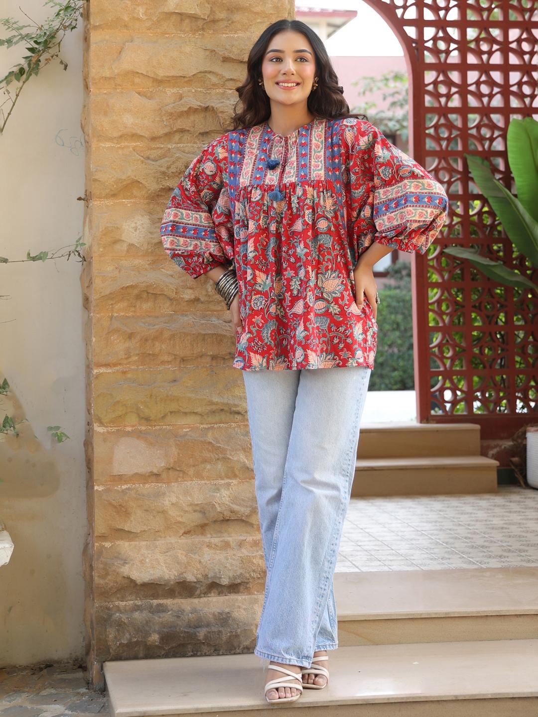 Red Handblock Printed Boho Volume Sleeves Top S красный