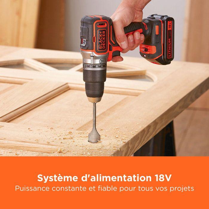 Perceuse à percussion BLACK+DECKER sans fil 18V + 2 batteries 2,5Ah et 4Ah+ 50 accessoires + sac de rangement - BL188ME2SA-QW