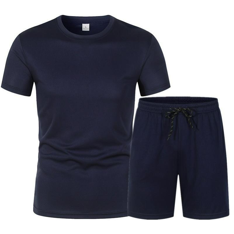 Mesh Short-sleeved Suit Summer Men's 2-piece Breathable Jersey T-shirt Sports Five-point Shorts Solid Color Casual Suit