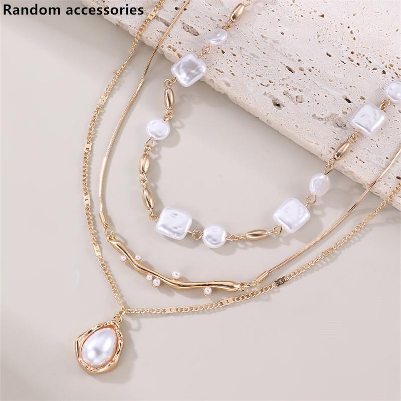 Geometric Artificial Pearl Pendant Necklace For Women With Multilayer Chain Summer Style