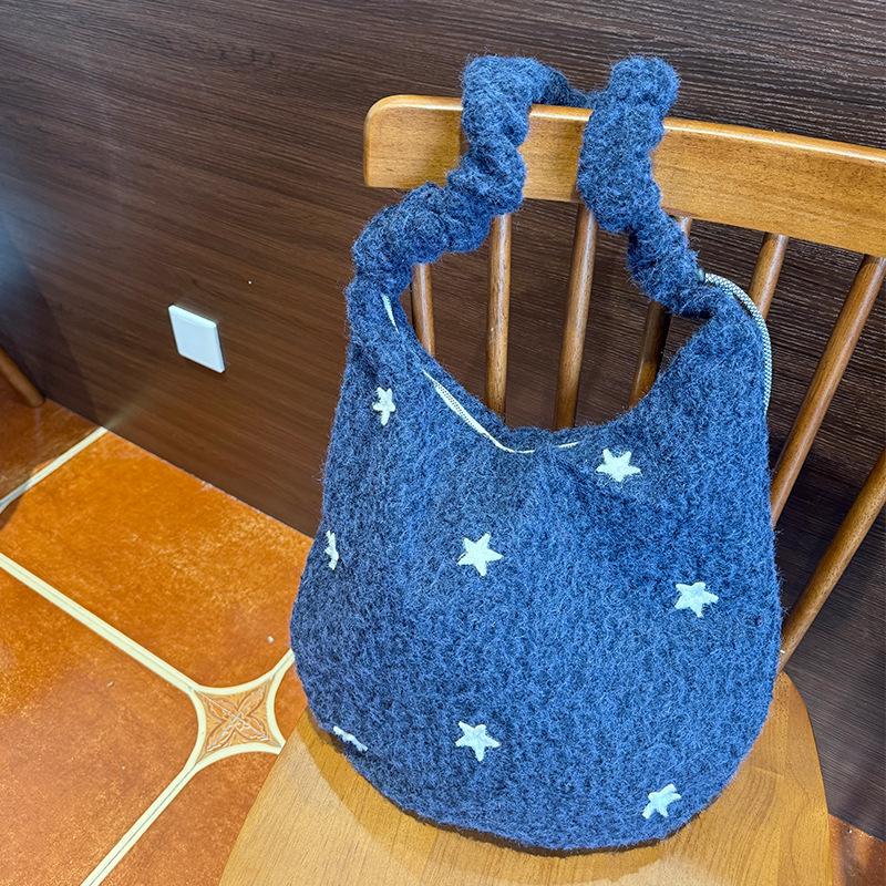 Einfache Sternstickerei Wollene Damen-Schultertaschen Vintage Vielseitig Damen-Umhängetasche Lässige Damen-Handtasche mit großem Fassungsvermögen