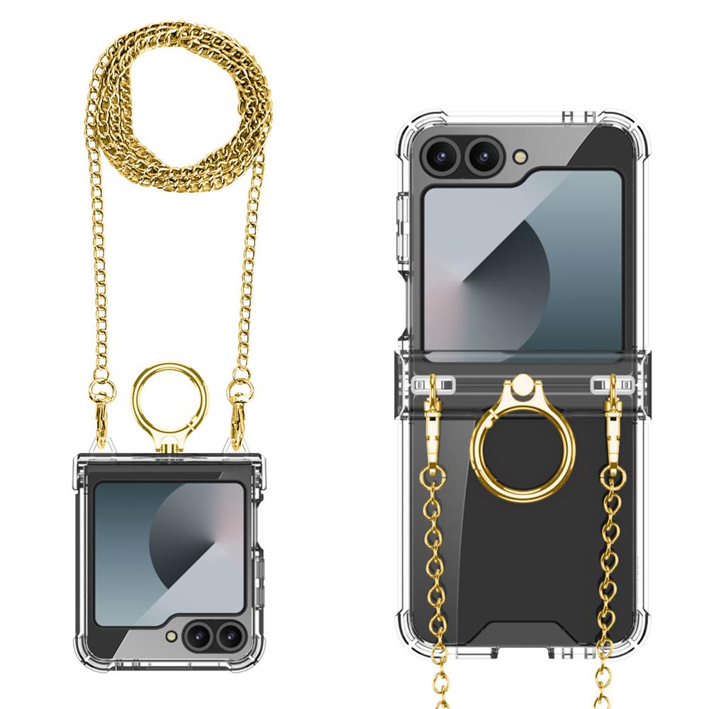 

GKK For Samsung Galaxy Z Flip7 FE 5G/Z Flip6 5G Clear Case Airbag Hinge Protector Kickstand PC Phone Cover with Strap Gold