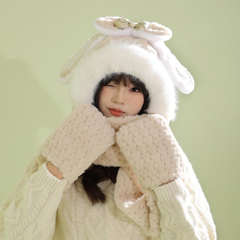 Women's Cozy Fox Ear Plush Hat with Integrated Scarf - Warm, Soft Lei Feng Design for Autumn and Winter. Perfect Ear Protection for Students.