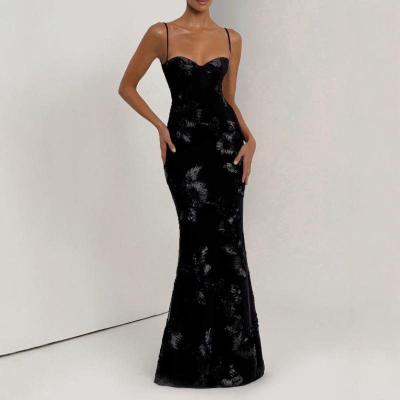 Abito da sera lungo da donna in stile francese, vestibilità aderente, con spalline sottili, schiena scoperta, tinta unita, con decorazione floreale