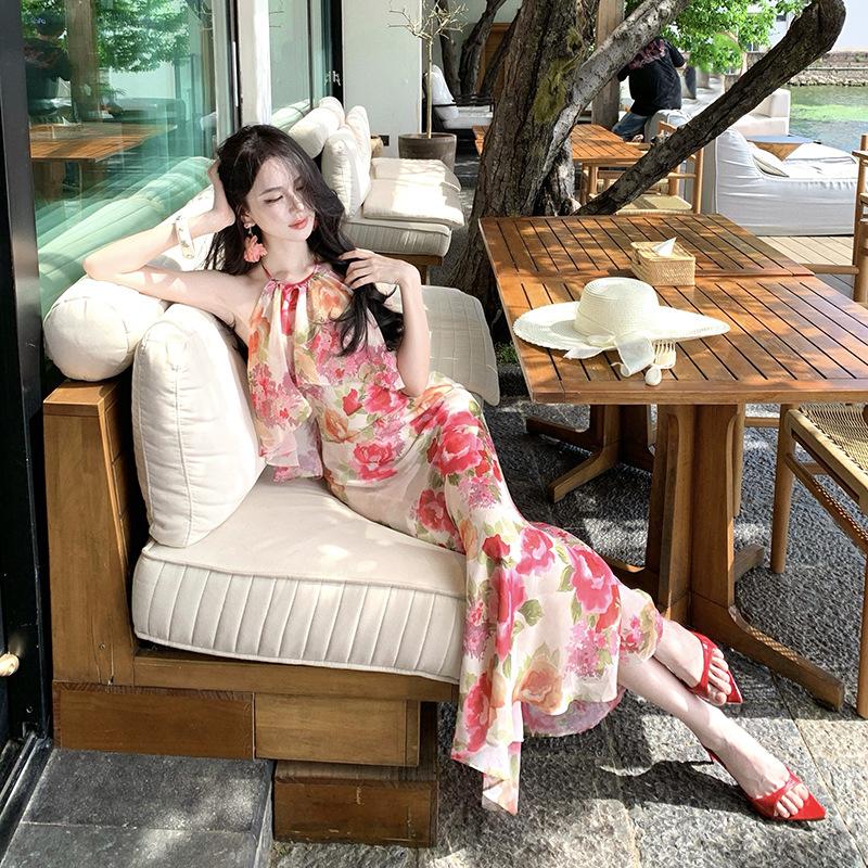 French vacation fishtail dress women's summer neck off shoulder sleeveless waist long skirt