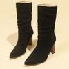 Plisowane buty damskie zamszowe buty do kolan 2024 Zima kobiety moda wsuwane kwadratowe niskie obcasy rycerz botki Mujer