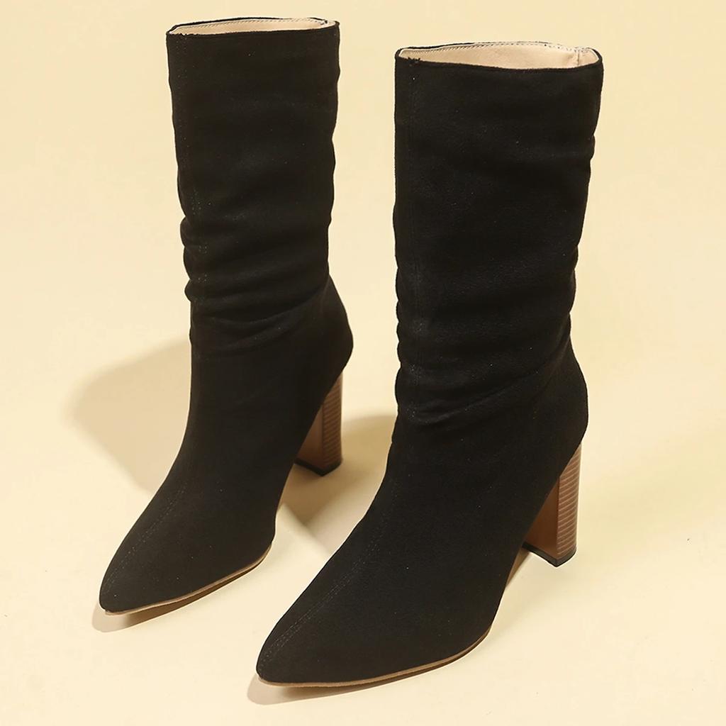 Plisowane buty damskie zamszowe buty do kolan 2024 Zima kobiety moda wsuwane kwadratowe niskie obcasy rycerz botki Mujer