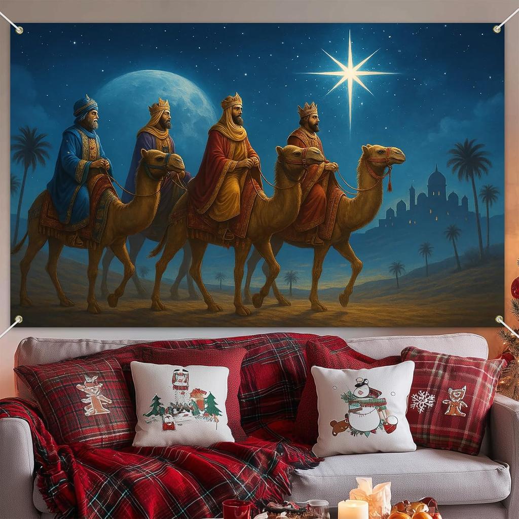 Three Kings Banner 71x43 Inch Three Wise Men Nativity Scene Holiday Backdrop Star of Bethlehem Religious Background for Indoor Outdoor Xmas Party