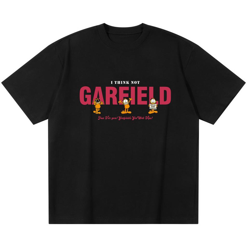 Garfield "I THINK NOT" Funny Expression Print Short Sleeve T-Shirt, American Streetwear Brand Heavyweight Cotton Loose Fit Oversized Couple Top