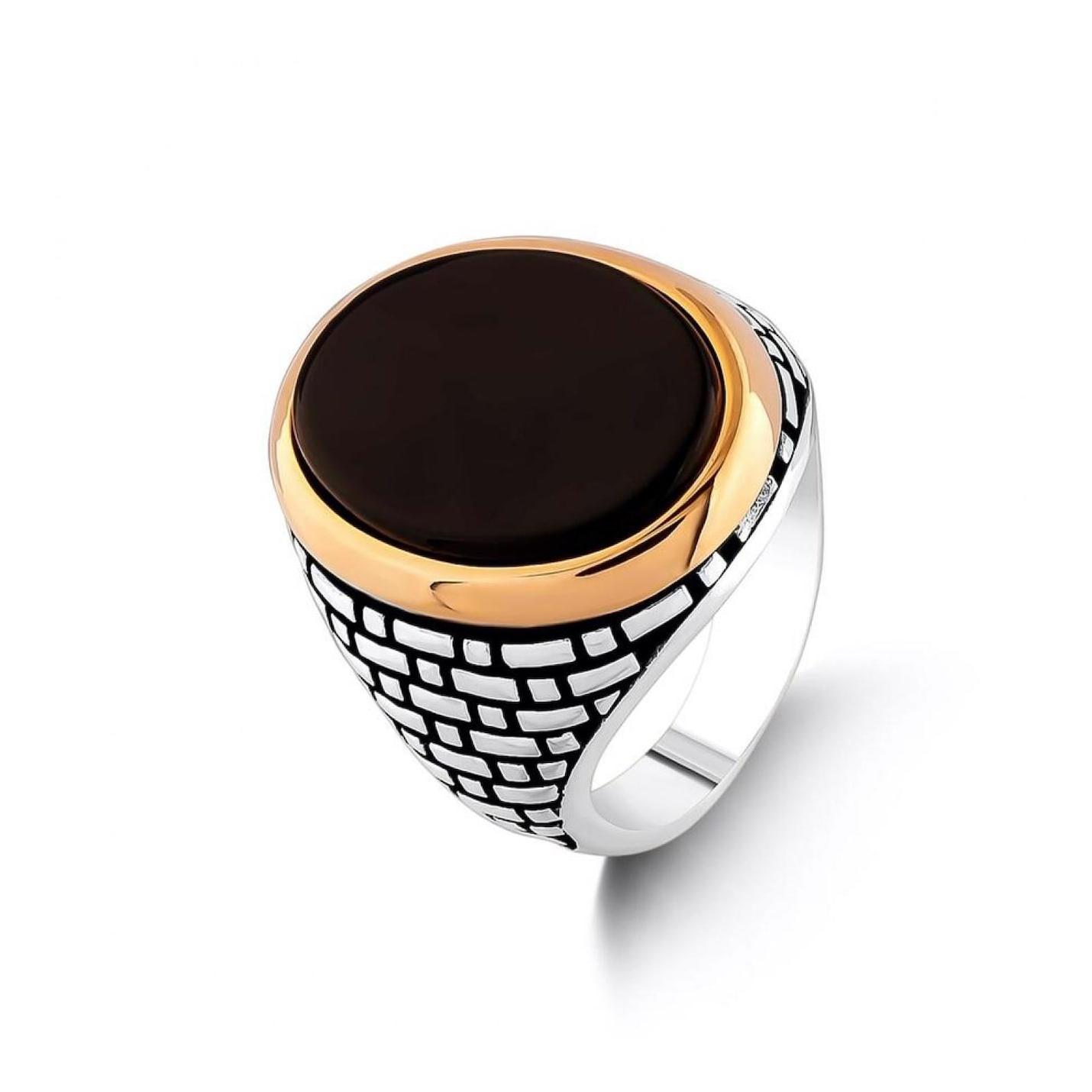 

Овальное мужское кольцо из стерлингового серебра с черным ониксом и квадратным узором