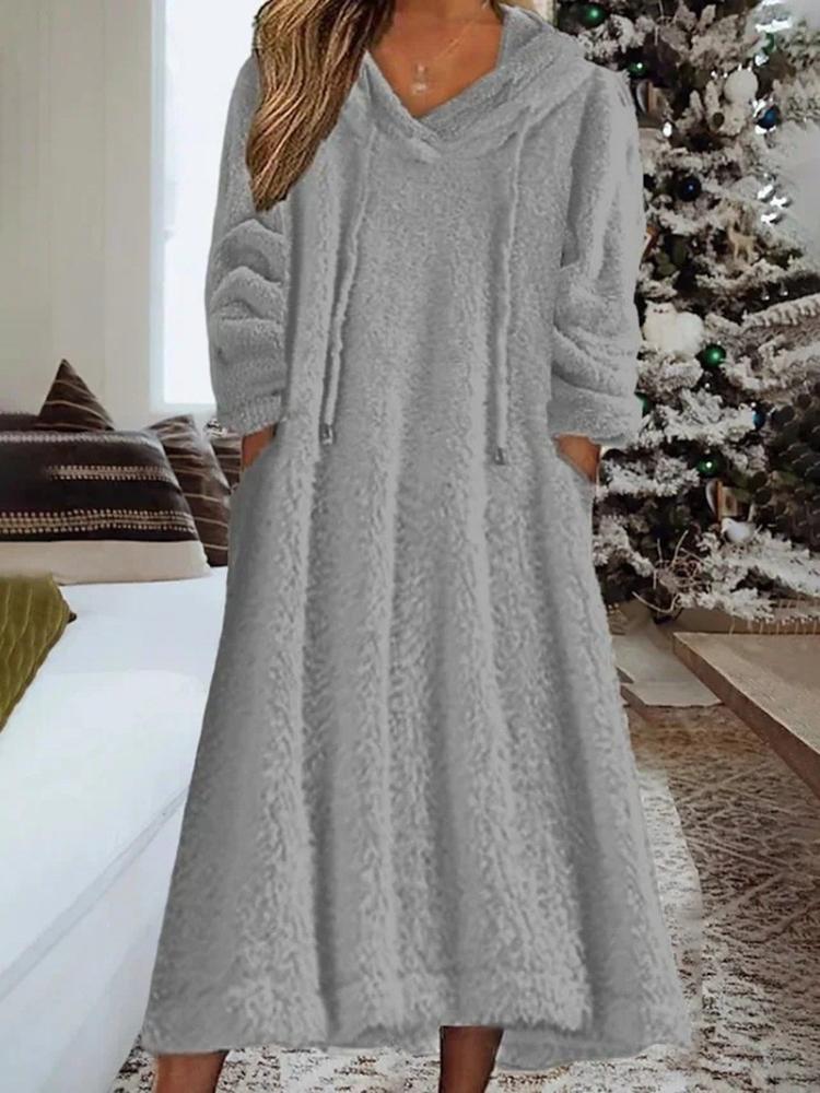 Women's Long Sleeve Round Neck Casual Loose Warm Hooded Fleece Sweater Midi Dress