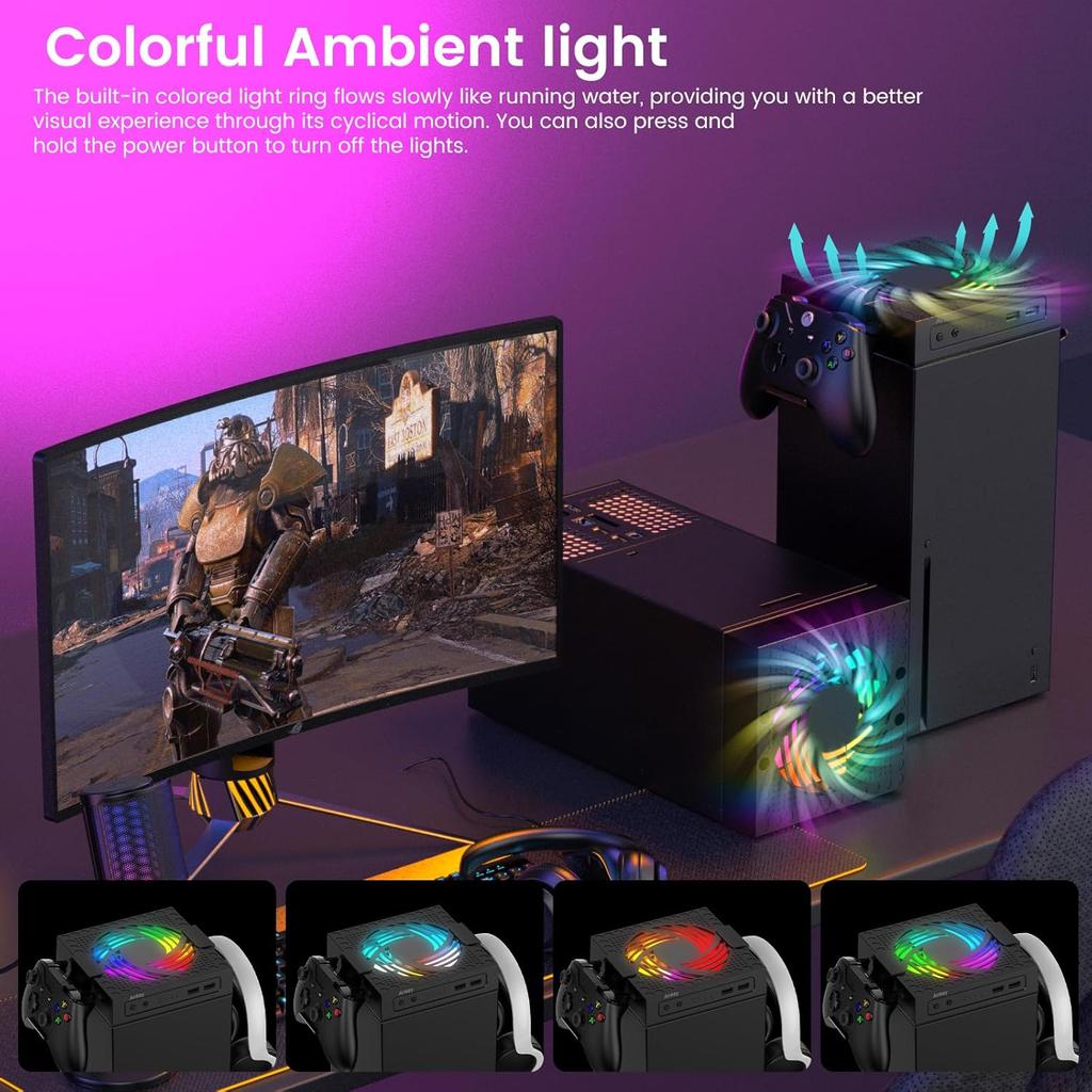 Automatic Cooling Fan for Xbox Series X Console, Temperature-Controlled Cooling Fan System 2 Holders for Controller Headphone Low Noise RGB Light 2