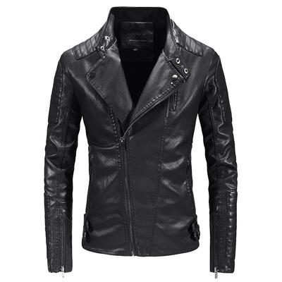 Men's Oblique Zipper Leather Jacket Youth Leather Baseball Jacket Jacket