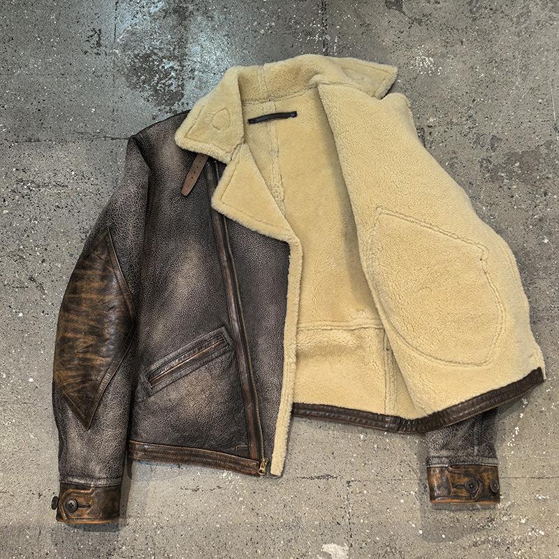 Replica RL retro casual fur integrated men's lapel oblique zipper heavy wash make old fur integrated coat