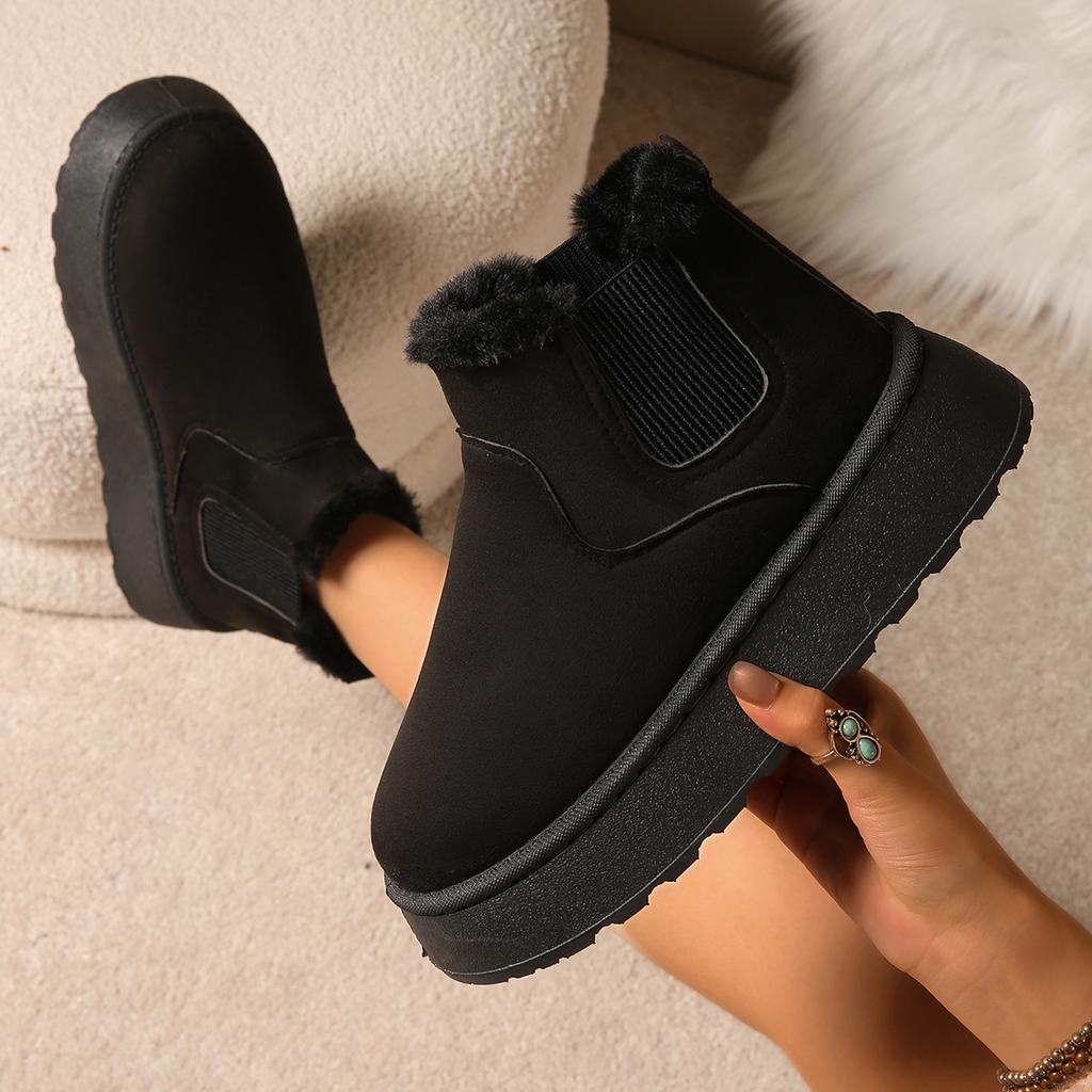 Damen Schneestiefel in Überweite, Plateau-Stiefeletten mit elastischem Schaft, Winter-Knöchelstiefel für Damen in Unifarbe
