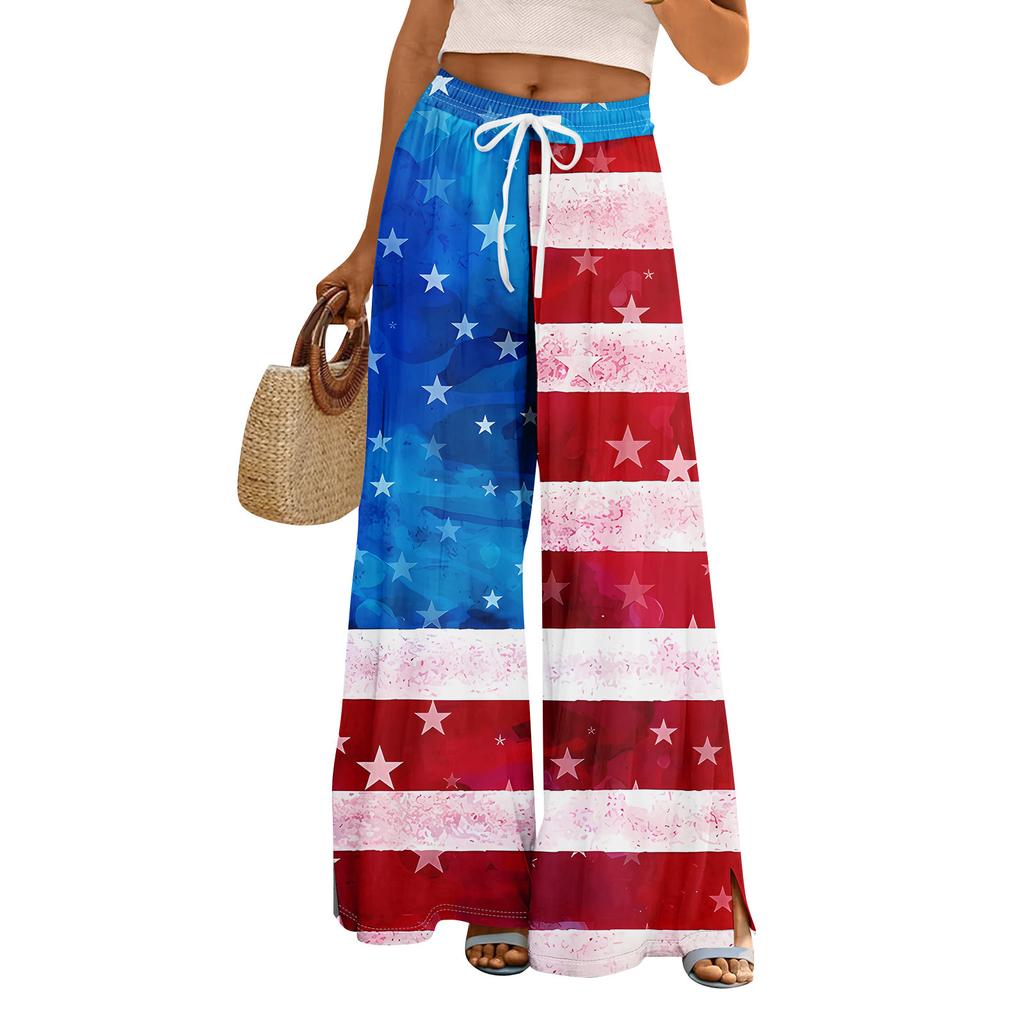 Damen Sommer Boho Palazzo Hose Hohe Taille Weites Bein Independence Printing Freizeithose mit Taschen