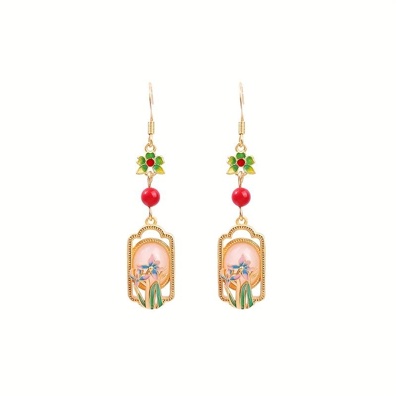 1 Pair Vintage Tribal Style 24K Golden Plated Copper Enamel Floral Dangle Earrings with Red Rose & Cherry Blossom Design, Glass Mosaic, 925 Sterling S