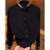Herren Mandarin-Kragen Langarmhemd Goldene Stickerei Besatz Knopfleiste Slim Casual Mode Top