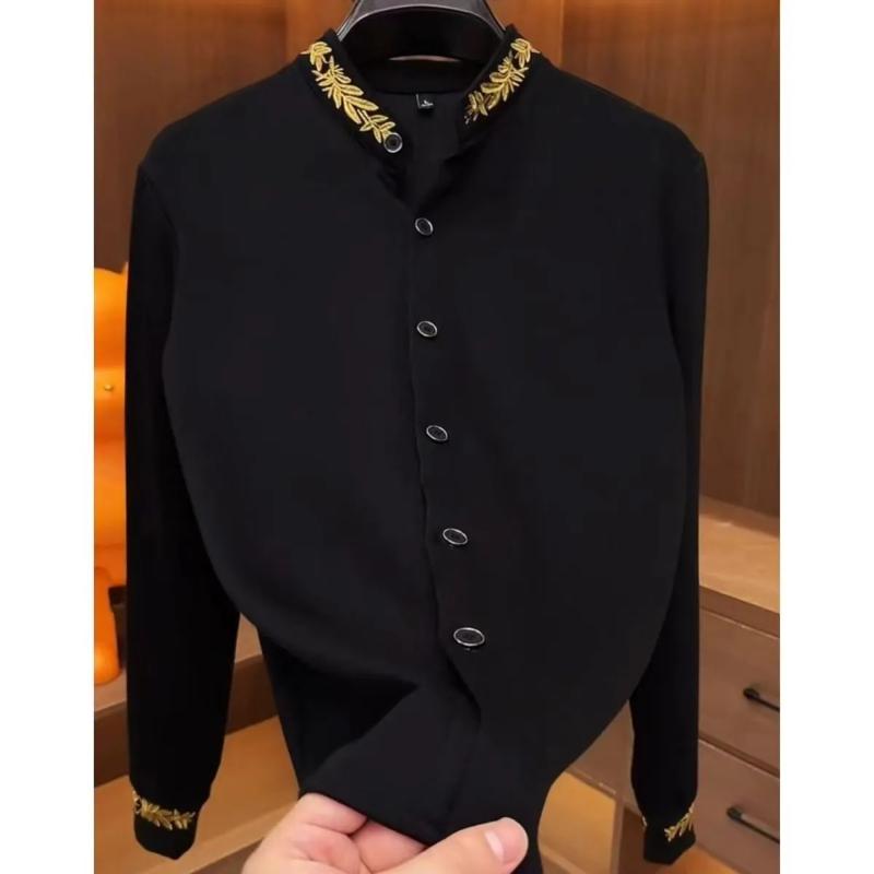 

Men s Mandarin Collar Long Sleeve Shirt Gold Embroidery Trim Button Front Slim Casual Fashion Top M чорний