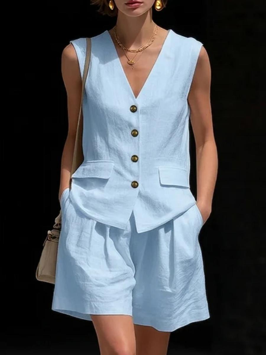 Новый простой элегантный женский комплект из хлопково-льняного топа-жилета и шорт S светло-синий